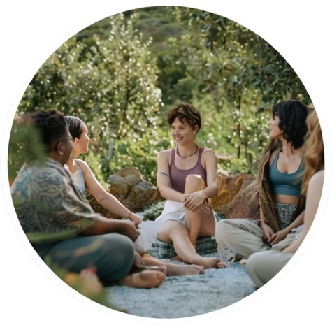 Teilnehmerinnen eines Retreats im Gespräch und Austausch in der Natur