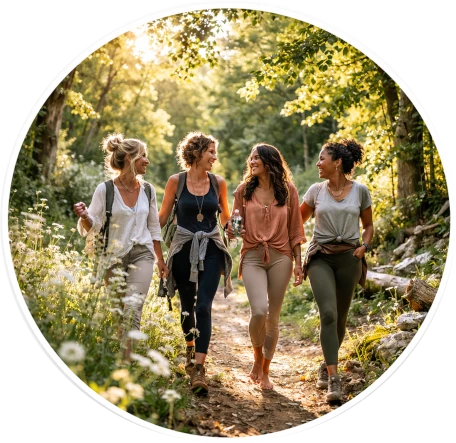 Teilnehmerinnen genießen einen gemeinsamen Spaziergang durch den Wald während eines Retreats
